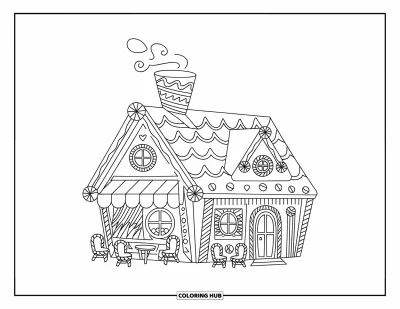 Coloriage de maison en pain d'épice pour enfants : Un café en pain d'épice avec une cheminée de tasse fumante et des chaises recouvertes de bonbons