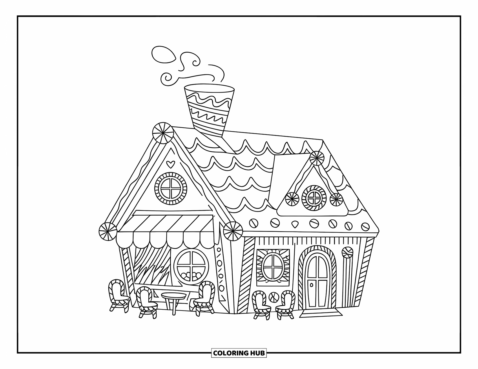 Disegno da colorare di una casetta di pan di zenzero per bambini: Un caffè di pan di zenzero con un camino a forma di tazza fumante e sedie rivestite di caramelle