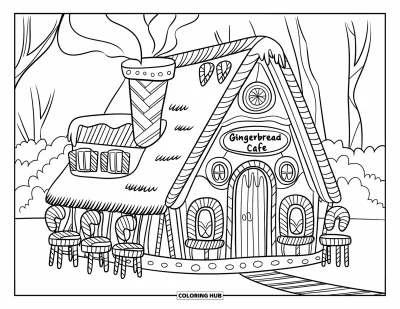 Coloriage de maison en pain d'épice pour enfants : Un café en pain d'épice avec un toit de chaume et un chemin à rayures de bonbons