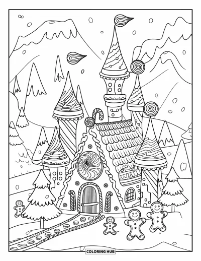 Coloriage de maison en pain d'épice pour enfants : Un château en pain d'épice avec des tours surmontées de sucettes tourbillonnantes et un pont-levis en bonbons