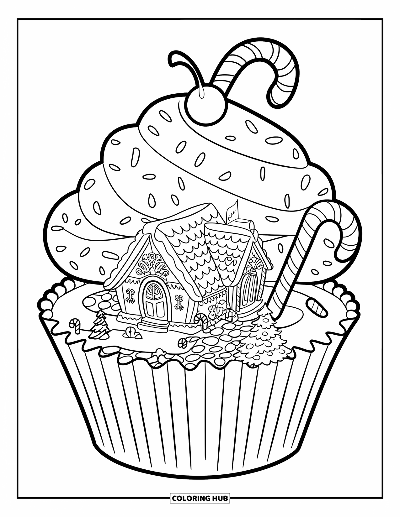 Disegno da colorare di una casetta di pan di zenzero per bambini: Un cottage di pan di zenzero all'interno di un cupcake, decorato con bastoncini di zucchero e una ciliegia