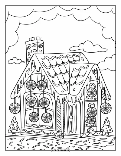 Coloriage de maison en pain d'épice pour enfants : Une maison en pain d'épice avec des lanternes de gommes aux fruits, un sol recouvert de glaçage et des arbres de cannes de Noël