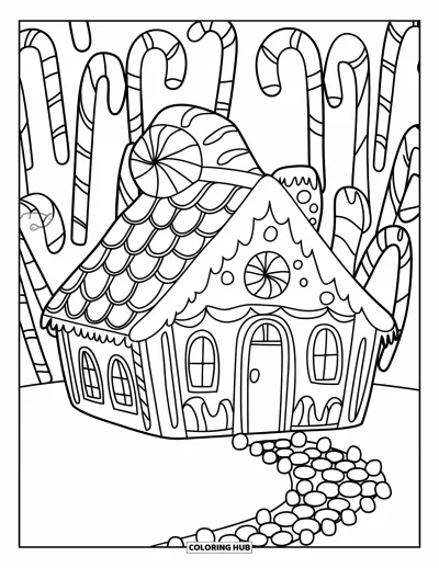 Coloriage de maison en pain d'épice pour enfants : Une maison en pain d'épice avec un toit à la menthe poivrée, un chemin de bonbons à la gelée et des arbres de cannes de Noël