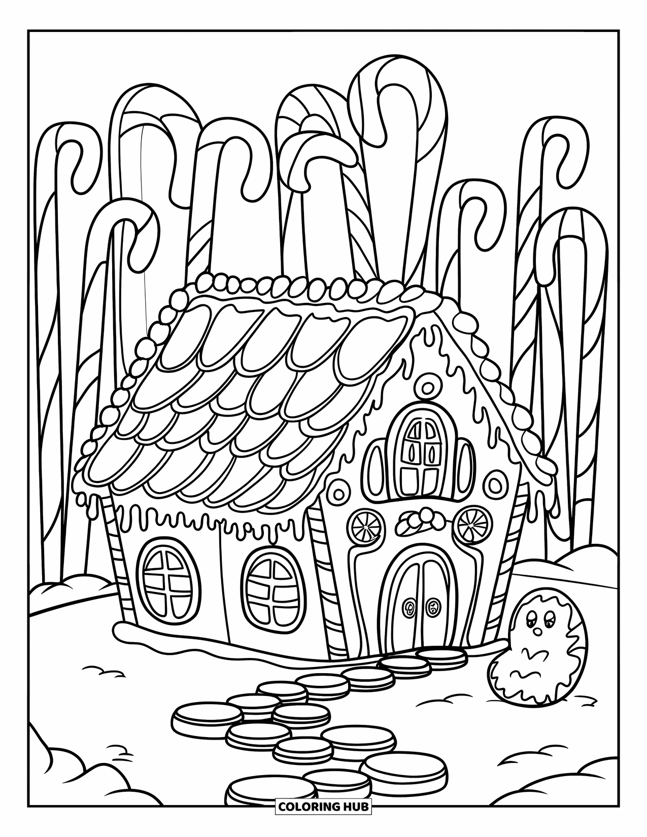 Disegno da colorare di una casetta di pan di zenzero per bambini: Una casa di pan di zenzero con un tetto di paglia, un sentiero di biscotti e una foresta di bastoncini di zucchero