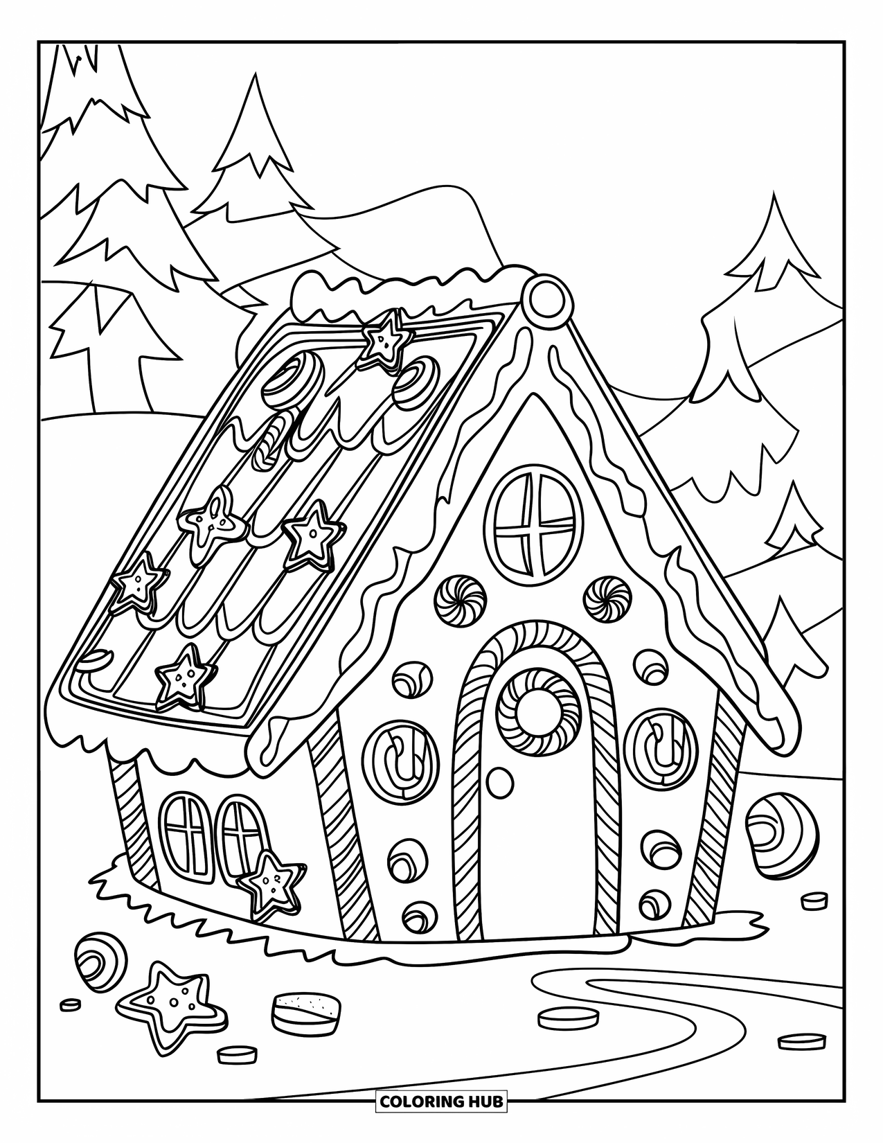 Disegno da colorare di una casetta di pan di zenzero per bambini: Una casa di pan di zenzero con un tetto di paglia, biscotti a forma di stella e una ghirlanda di caramelle