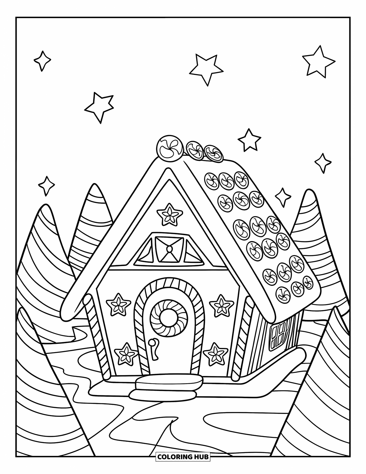Disegno da colorare di una casetta di pan di zenzero per bambini: Una casa di pan di zenzero con biscotti a forma di stella sul tetto e uno sfondo innevato