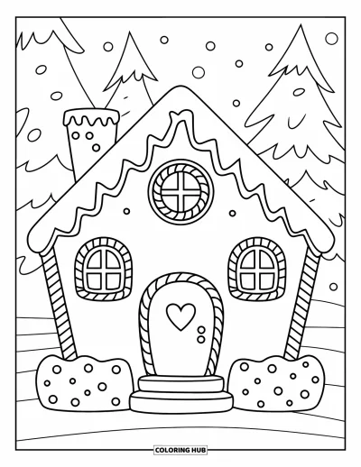 Coloriage de maison en pain d'épice pour enfants : Une maison en pain d'épice avec deux petites fenêtres de bonbons, une porte en forme de cœur et un toit de glaçage