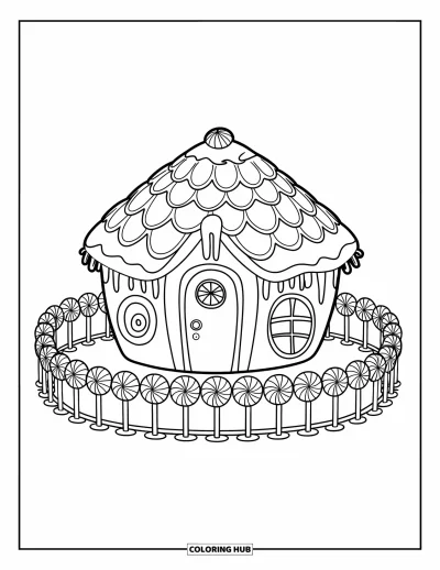 Coloriage de maison en pain d'épices pour enfants : Une chaumière en pain d'épices avec un glaçage gonflé et une clôture en sucettes colorées tout autour
