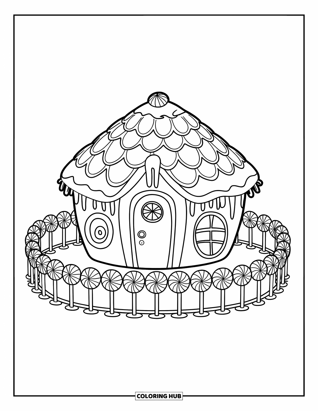 Disegno da colorare di una casetta di pan di zenzero per bambini: Una capanna di pan di zenzero con glassa spumosa e una recinzione colorata di lecca-lecca che la circonda