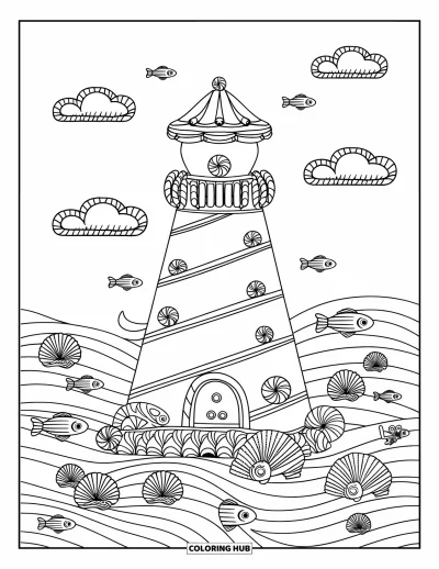 Coloriage de maison en pain d'épice pour enfants : Un phare en pain d'épice entouré de coquillages recouverts de bonbons et de nuages de gommes aux fruits