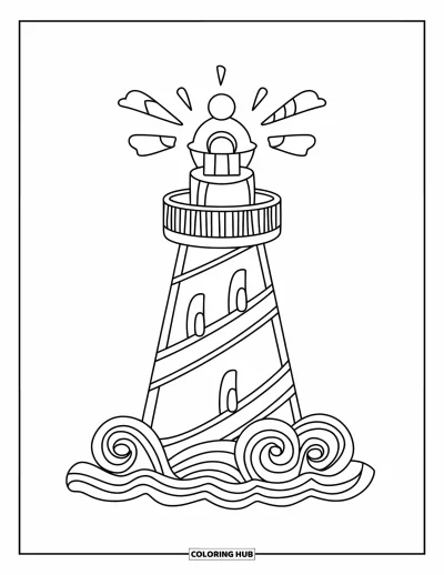 Coloriage de maison en pain d'épices pour enfants : Un phare en pain d'épices de forme conique avec des vagues en glaçage et un fanal en boule de gomme