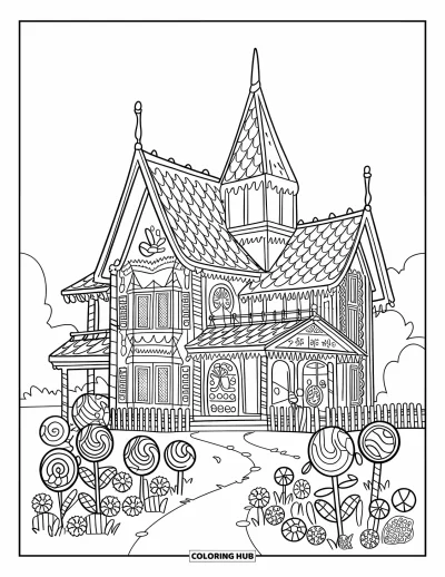 Coloriage de maison en pain d'épice pour enfants : Un manoir en pain d'épice avec un toit pointu, une clôture et un jardin rempli de bonbons