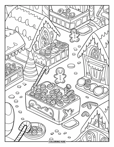 Coloriage de maison en pain d'épice pour enfants : Un marché en pain d'épice avec de minuscules étals de bonbons et de douces friandises