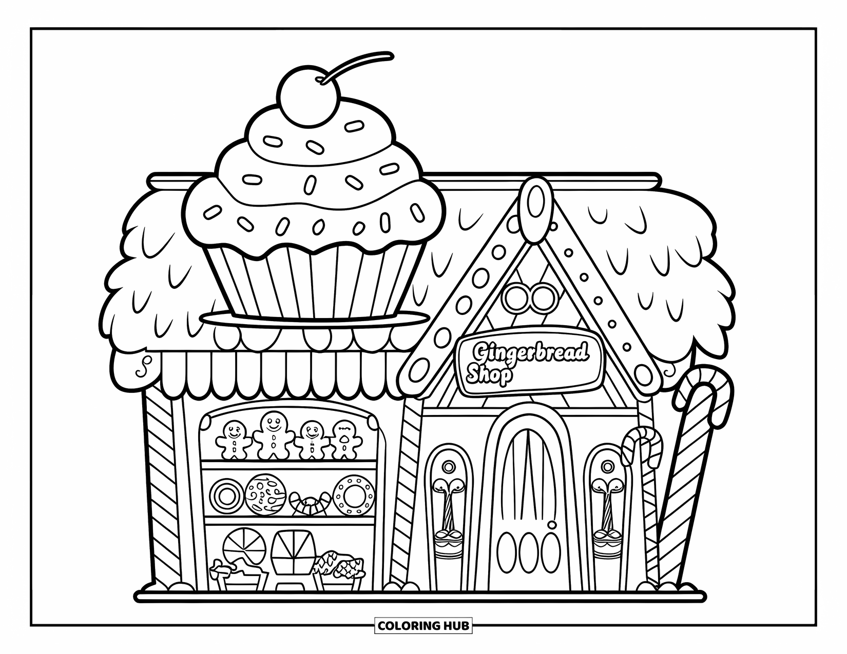 Disegno da colorare di una casetta di pan di zenzero per bambini: Un negozio di pan di zenzero con un tetto a forma di cupcake e scaffali pieni di biscotti e caramelle