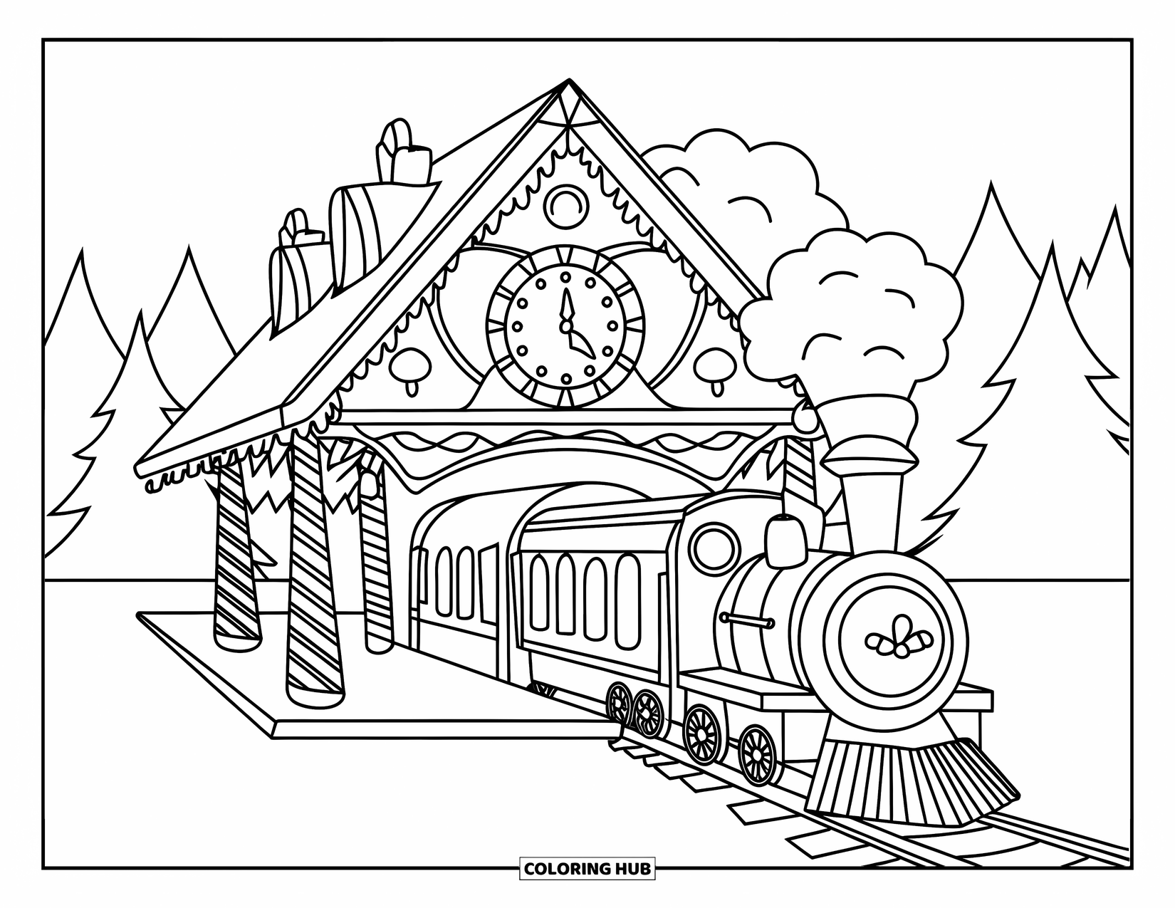 Disegno da colorare di una casetta di pan di zenzero per bambini: Una stazione ferroviaria di pan di zenzero con un orologio di menta piperita e sbuffi di marshmallow per il fumo del treno