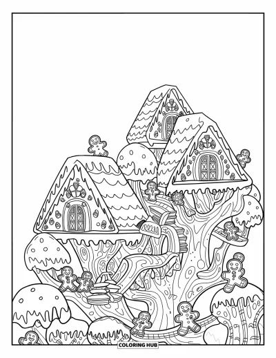 Coloriage de maison en pain d'épice pour enfants : Un village de cabanes dans les arbres en pain d'épice avec des arbres de biscuits et des ponts en bois