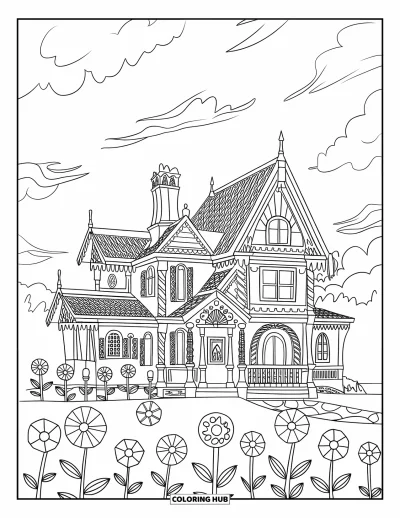 Coloriage de maison en pain d'épice pour enfants : Un grand manoir en pain d'épice avec des détails de glaçage et un jardin de fleurs en bonbons