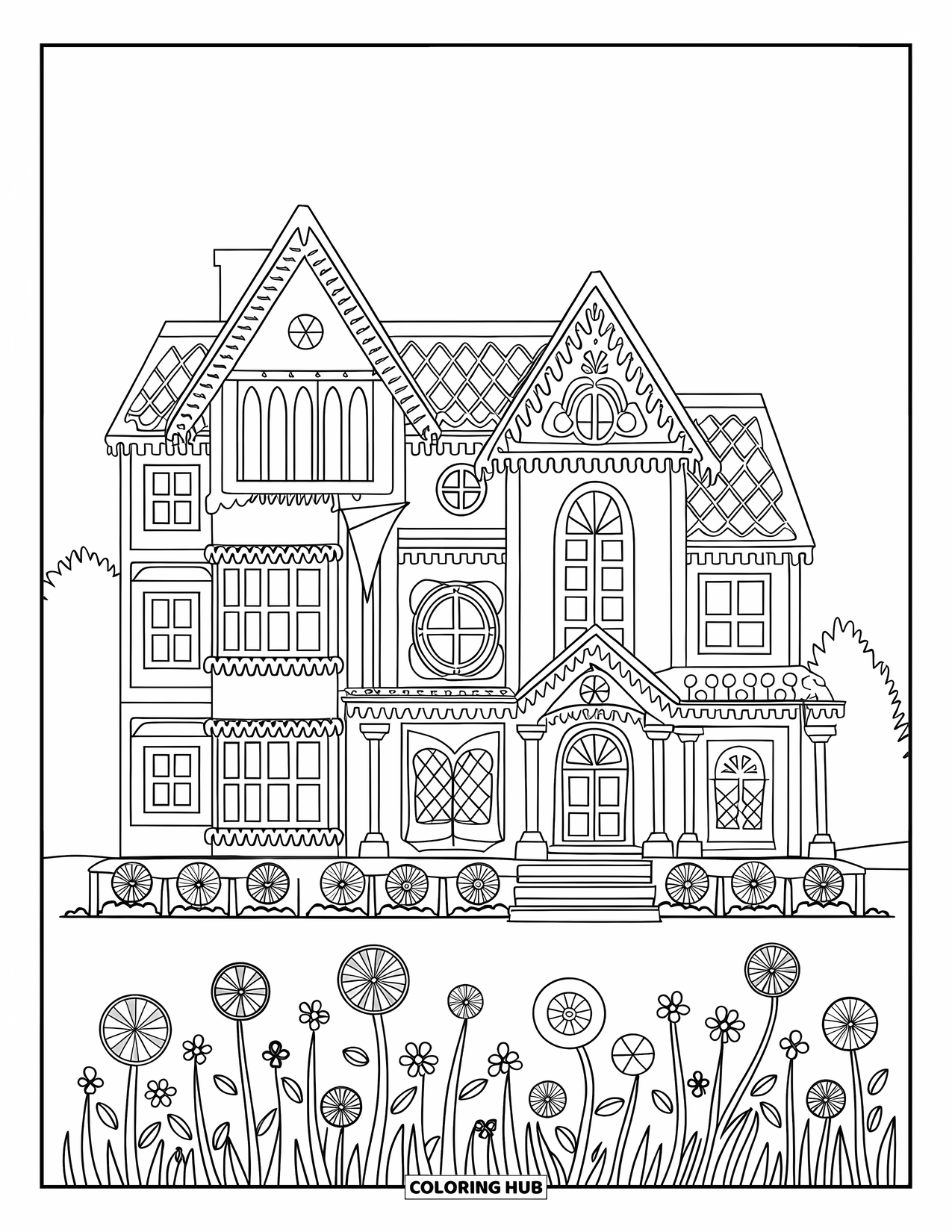 Disegno da colorare di una casetta di pan di zenzero per bambini: Una grandiosa villa di pan di zenzero con dettagli di glassa e un giardino di fiori di caramelle