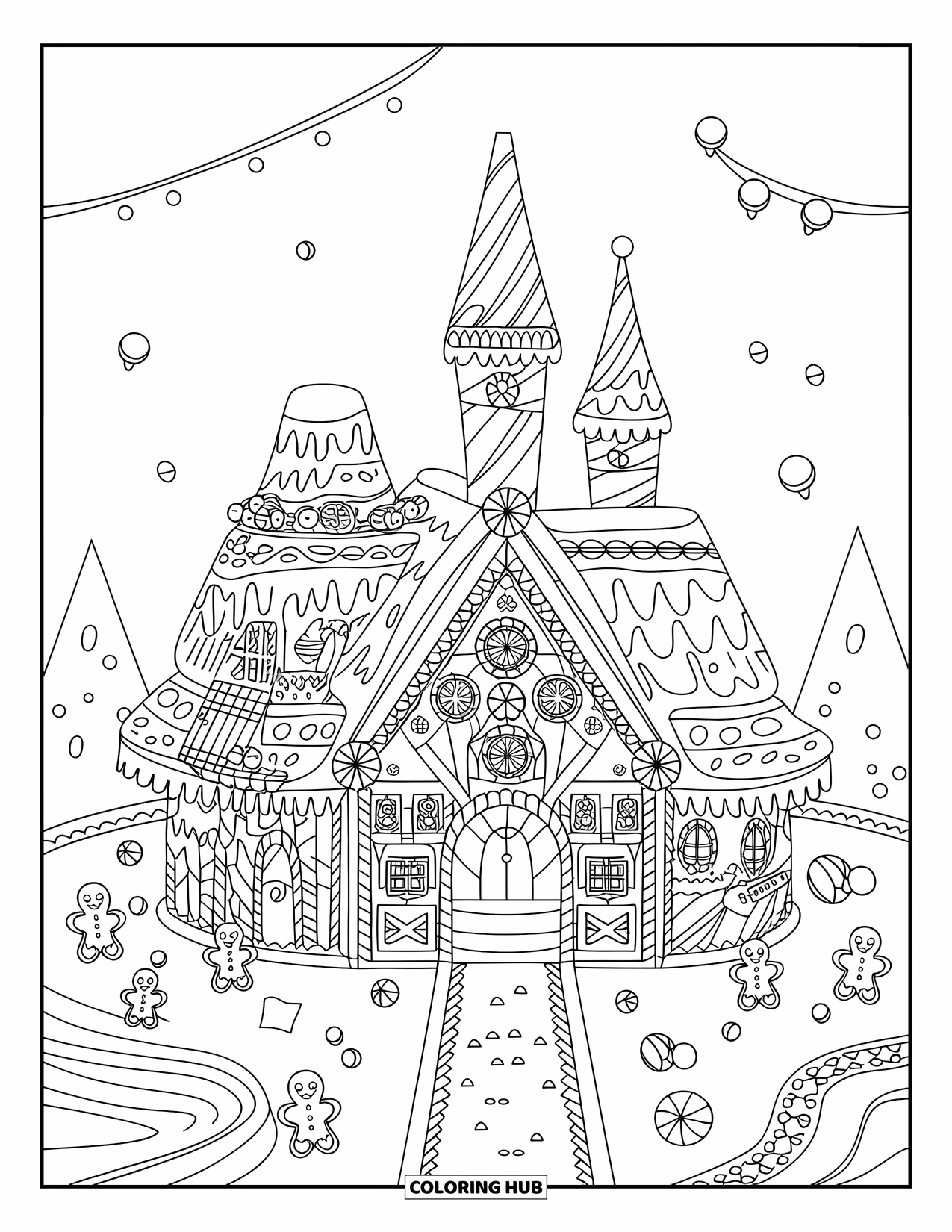 Disegno da colorare di una casetta di pan di zenzero per bambini: Un grandioso palazzo di pan di zenzero con torri di caramelle e dettagli di glassa