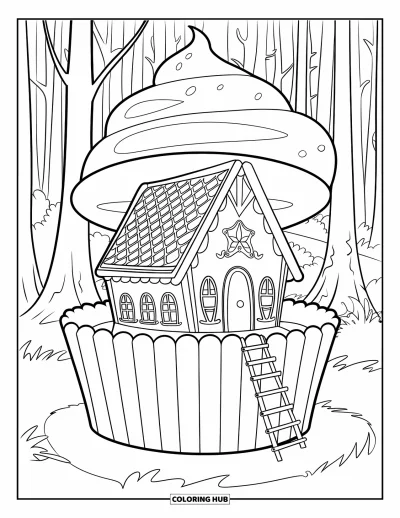 Coloriage de maison en pain d'épice pour enfants : Un chalet caché en pain d'épice niché à l'intérieur d'un cupcake géant glacé