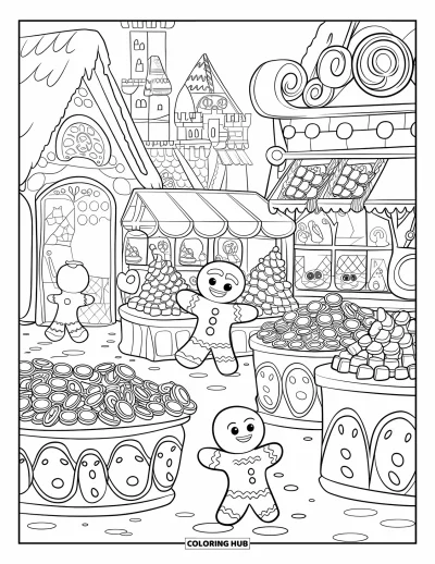 Coloriage de maison en pain d'épice pour enfants : Un marché animé en pain d'épice avec des étals de bonbons et des personnages en pain d'épice