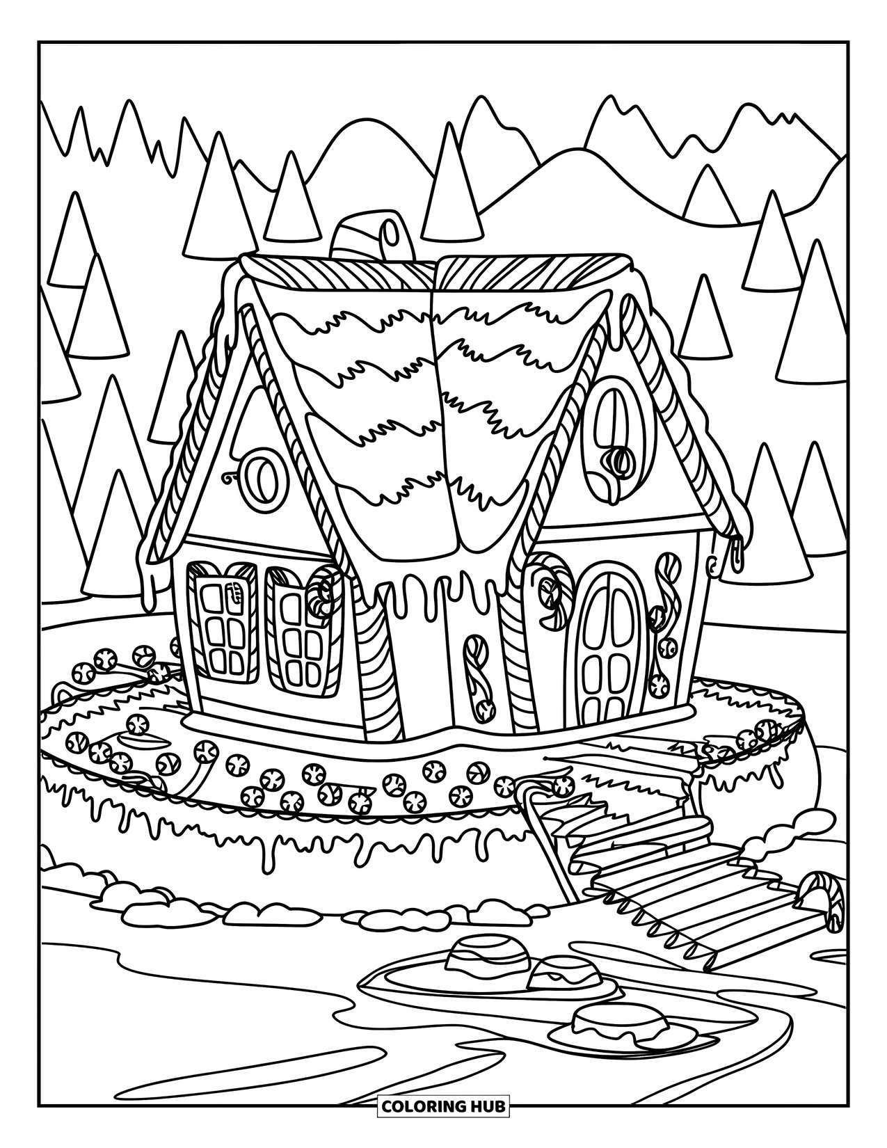 Disegno da colorare di una casetta di pan di zenzero per bambini: Una casa di pan di zenzero di medie dimensioni con glassa gocciolante, bordi di bastoncini di zucchero e un sentiero di biscotti