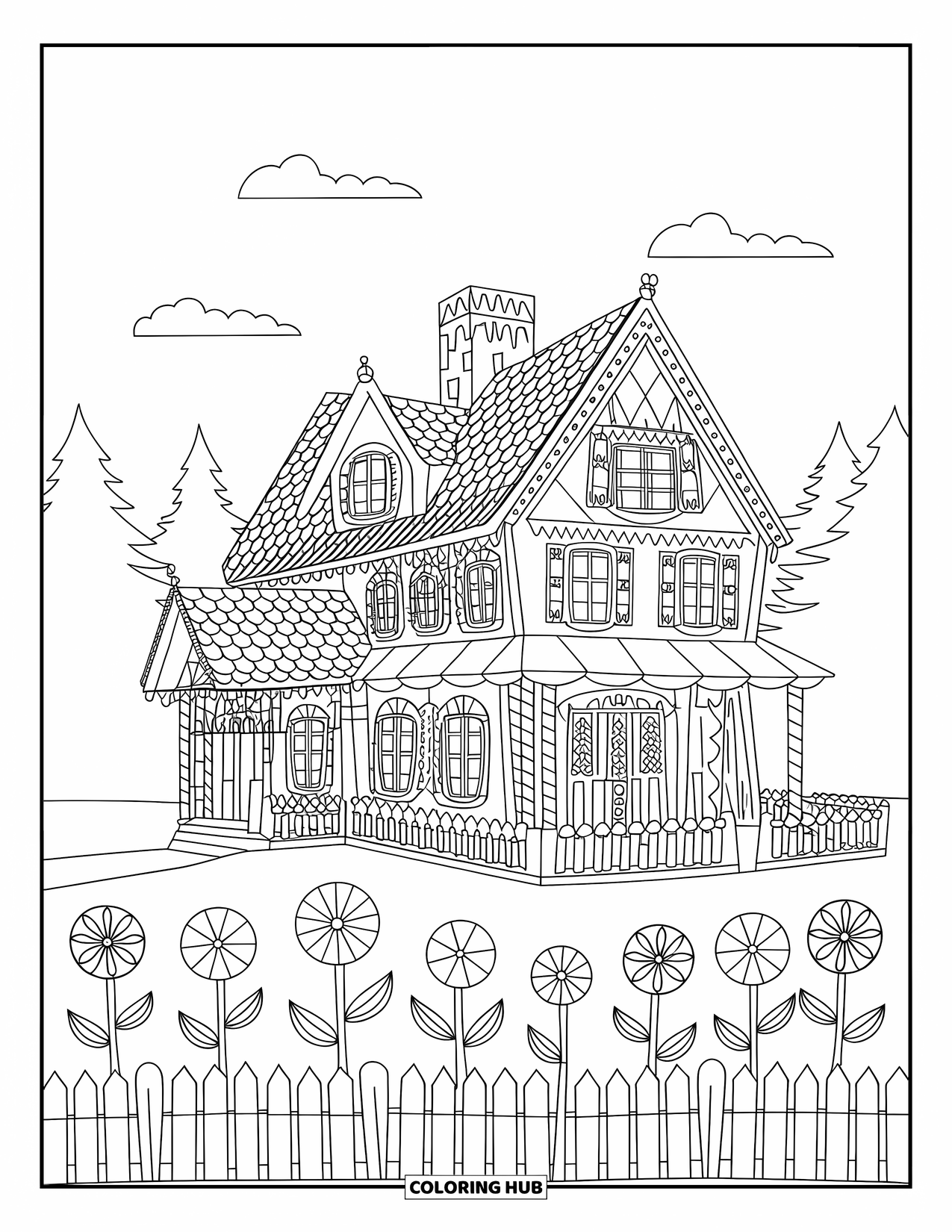 Disegno da colorare di una casetta di pan di zenzero per bambini: Una villa di pan di zenzero a più piani con una palizzata e un giardino pieno di caramelle
