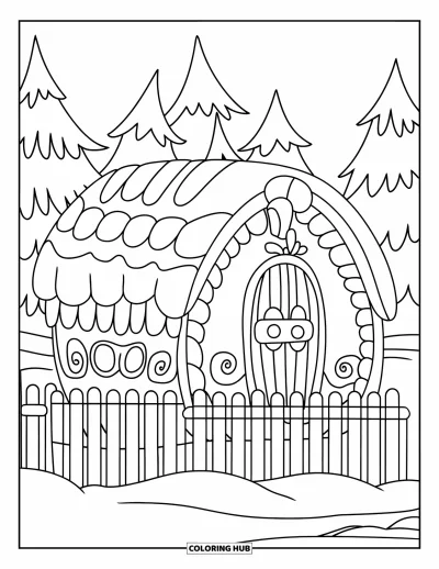 Coloriage de maison en pain d'épices pour enfants : Une chaumière ronde avec des détails en glaçage gonflé et une clôture en sucettes