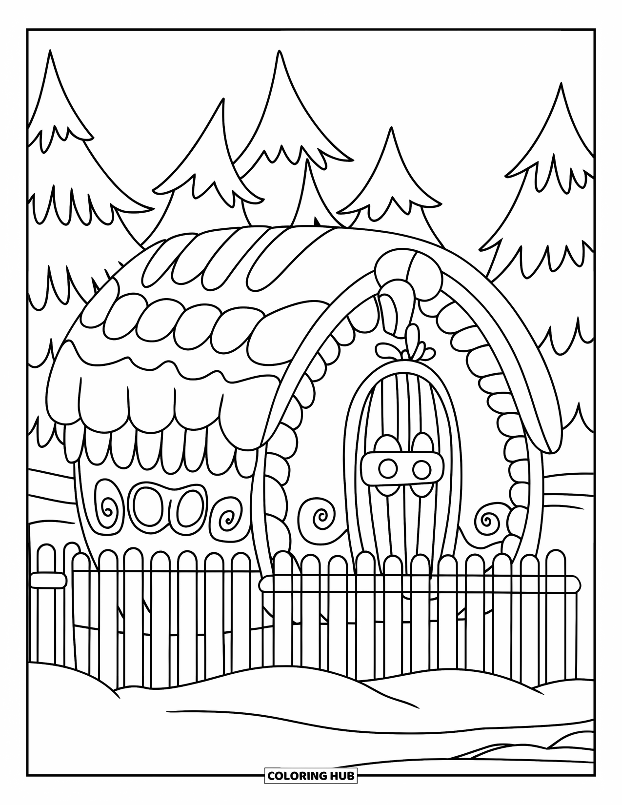 Disegno da colorare di una casetta di pan di zenzero per bambini: Una capanna arrotondata di pan di zenzero con dettagli di glassa spumosa e una recinzione di lecca-lecca