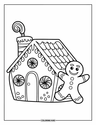 Coloriage de maison en pain d'épice pour enfants : Un petit chalet en pain d'épice avec des fenêtres de gommes aux fruits, une cheminée de bonbons et un bonhomme en pain d'épice qui fait signe