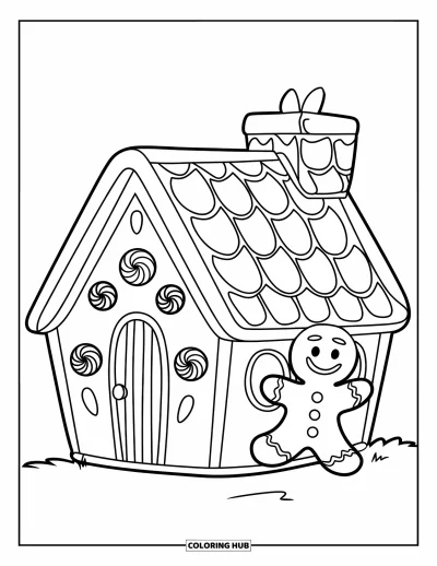 Coloriage de maison en pain d'épice pour enfants : Un petit chalet en pain d'épice avec des fenêtres rondes de gommes aux fruits et une cheminée de bonbons