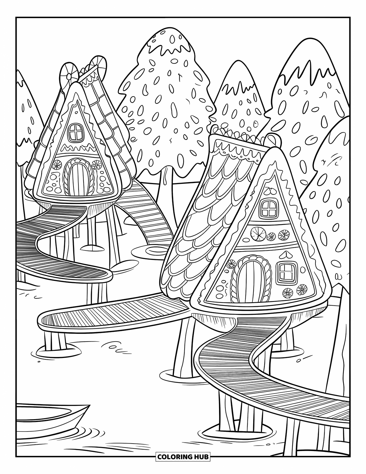 Disegno da colorare di una casetta di pan di zenzero per bambini: Un villaggio sull'albero fatto di pan di zenzero, collegato da ponti di legno