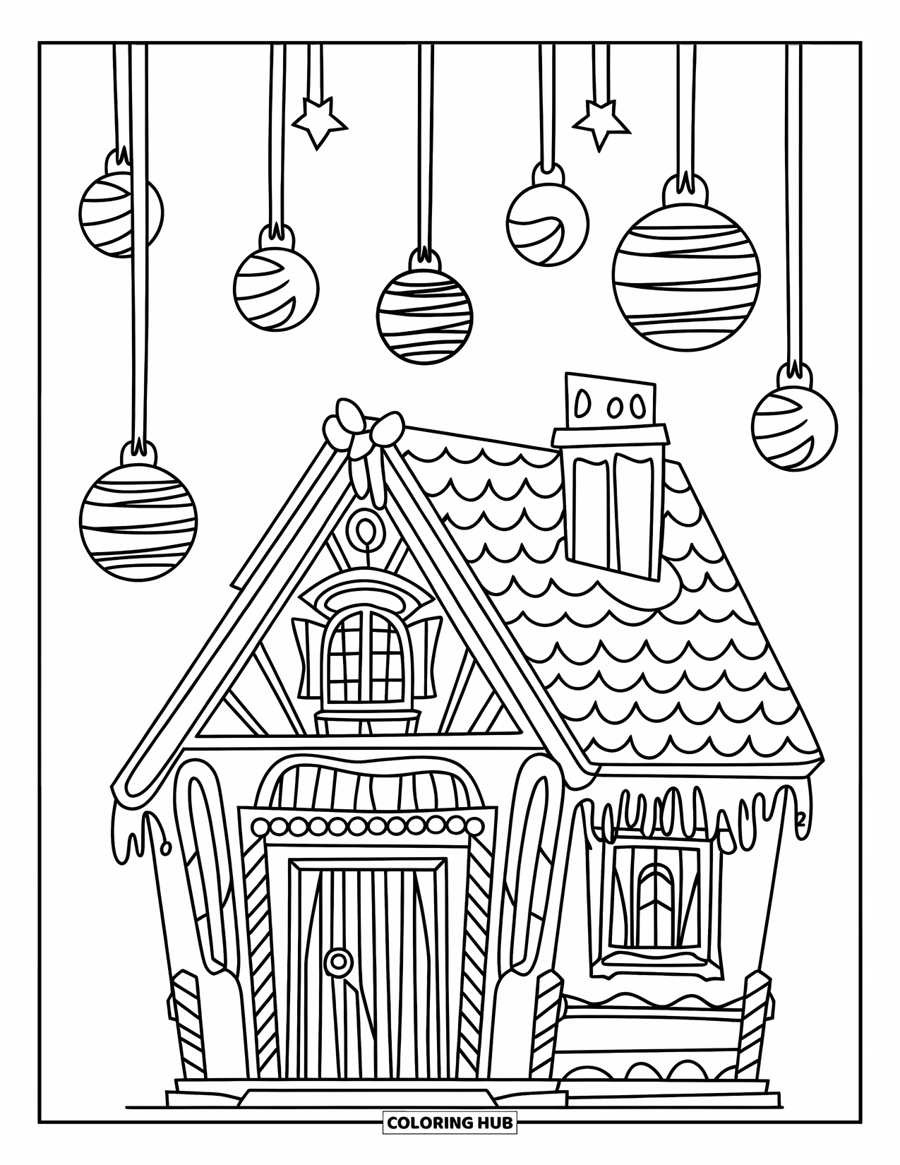 Disegno da colorare di una casetta di pan di zenzero per bambini: Una casa di pan di zenzero a due piani con lanterne di caramelle gommose e grondaie coperte di glassa