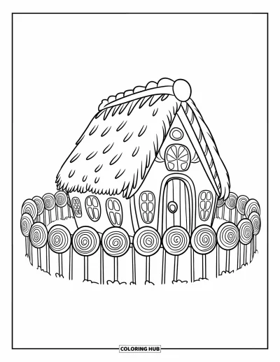 Coloriage de maison en pain d'épice pour enfants : Une cabane fantaisiste en pain d'épice avec une clôture recouverte de bonbons faite de sucettes géantes