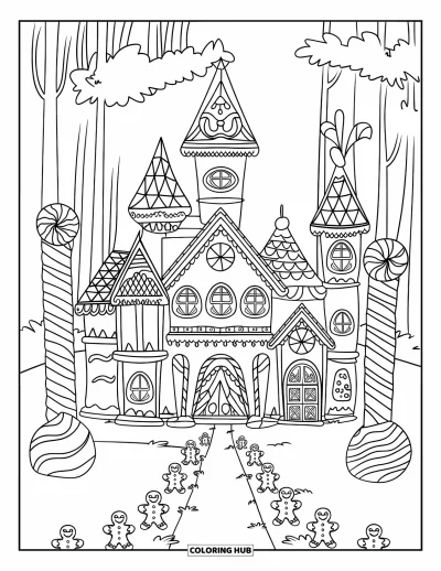 Coloriage de maison en pain d'épice pour enfants : Un palais fantaisiste en pain d'épice avec des détails de glaçage et un chemin en pain d'épice