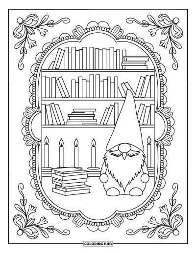 Nissetegning til voksne: Et hyggeligt nissebibliotek med bøger og stearinlys prydet med detaljerede designs
