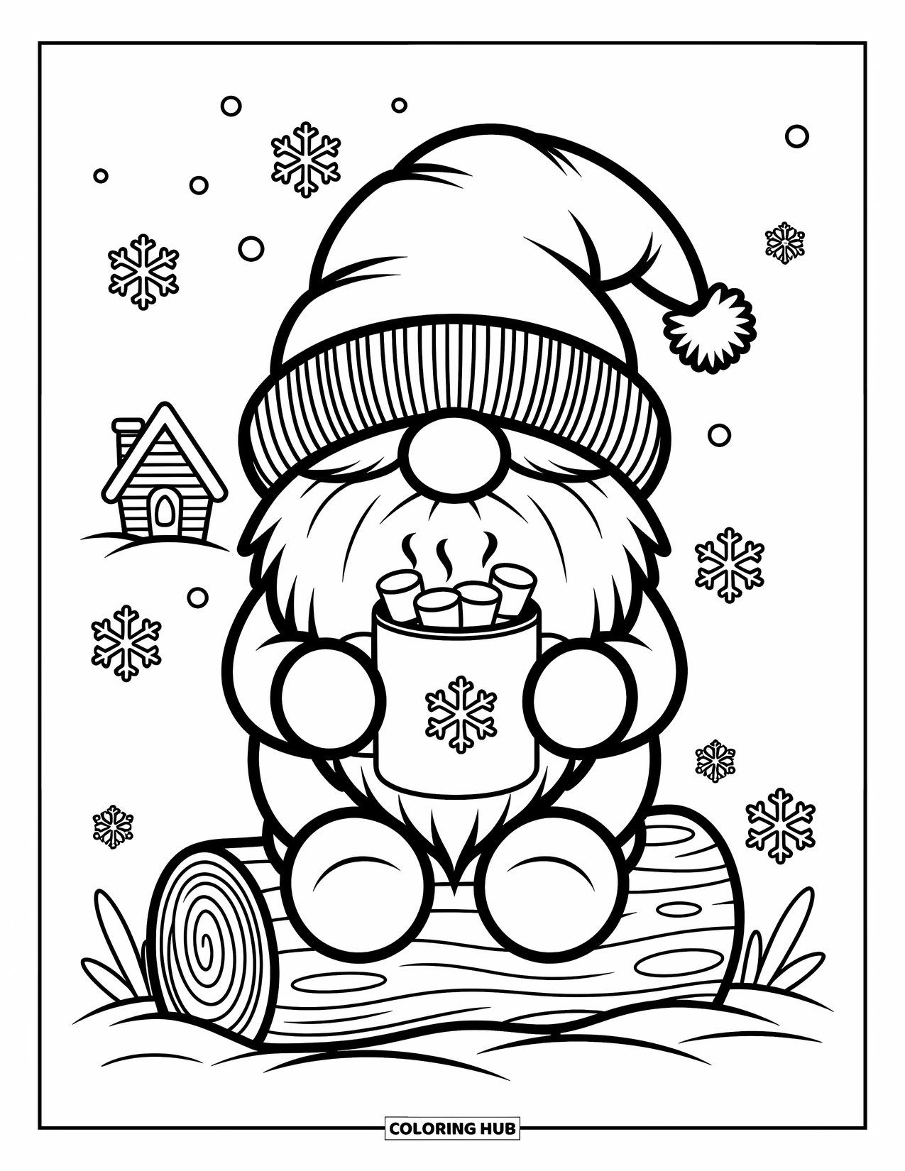 Gnome Coloring Page for Adults: A cozy gnome with cocoa surrounded by snowflakes and a glowing cabin