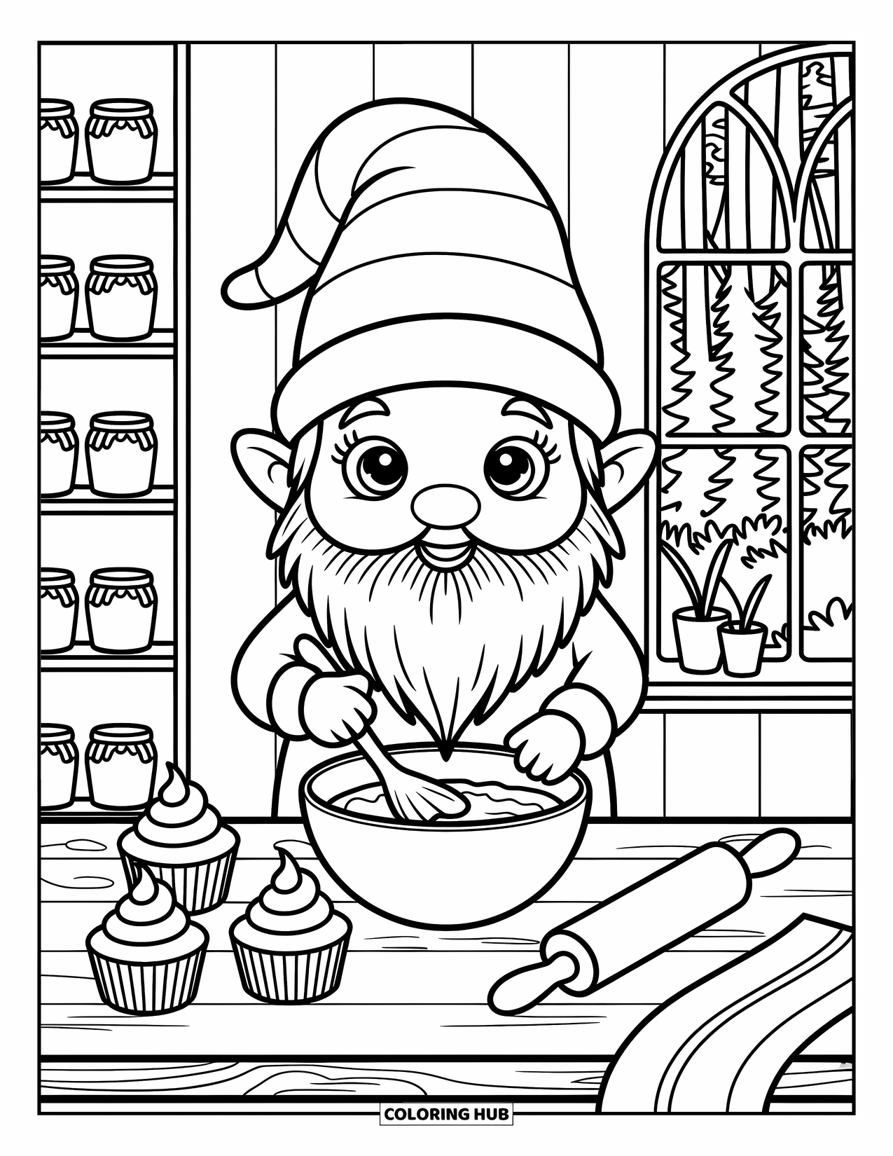 Gnome Coloring Page for Adults: A gnome baking in a cozy kitchen with cupcakes and tiny jars