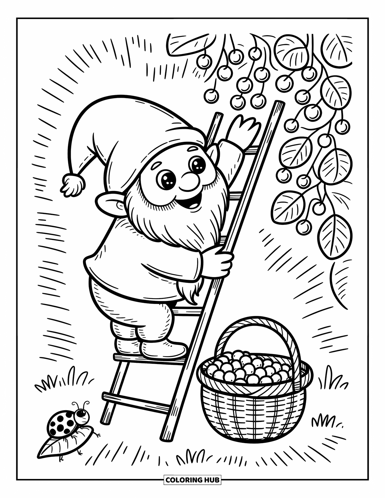 Gnome Coloring Page for Adults: A gnome climbing a ladder to pick berries with a ladybug nearby