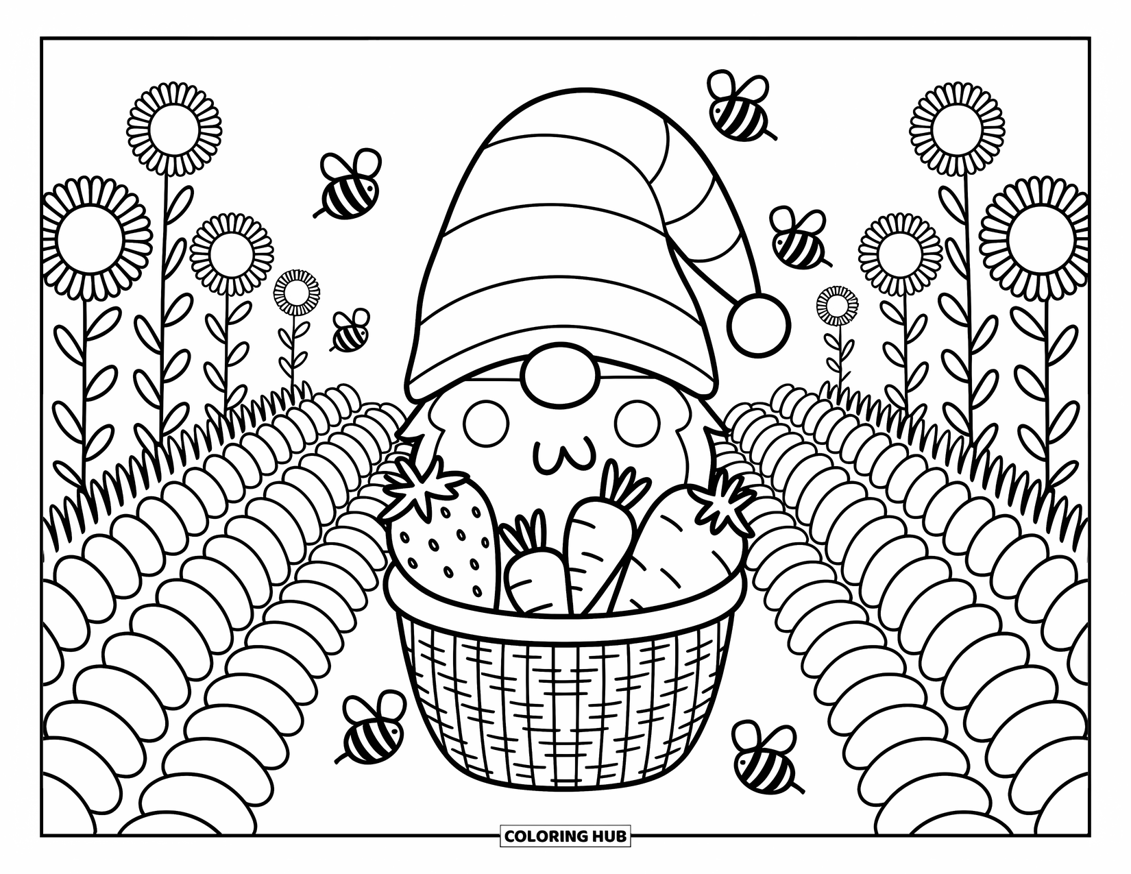 Gnome Coloring Page for Adults: A gnome collecting strawberries and carrots with buzzing bees nearby