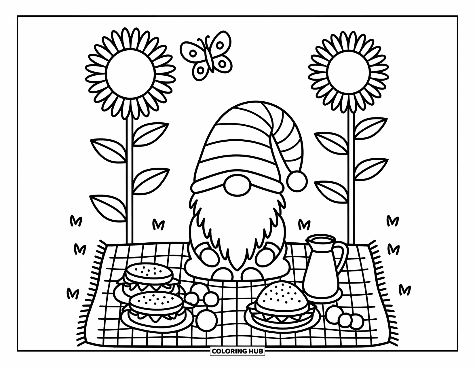 Gnome Coloring Page for Adults: A gnome enjoying a picnic under tall sunflowers with a butterfly hovering