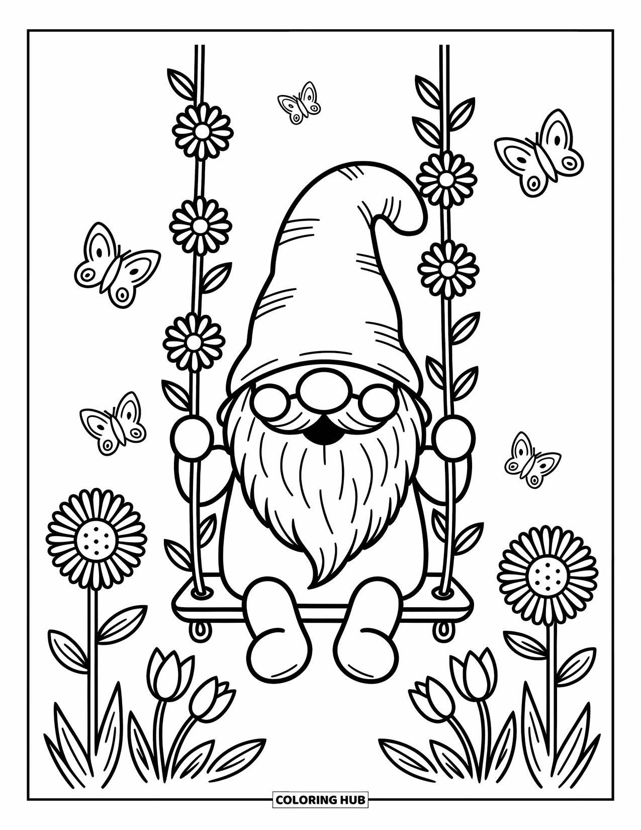 Gnome Coloring Page for Adults: A gnome enjoying a vine swing with flowers and fluttering butterflies