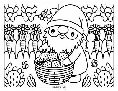Nissetegning til voksne: En nisse fylder en kurv med grøntsager omgivet af solsikker og bier