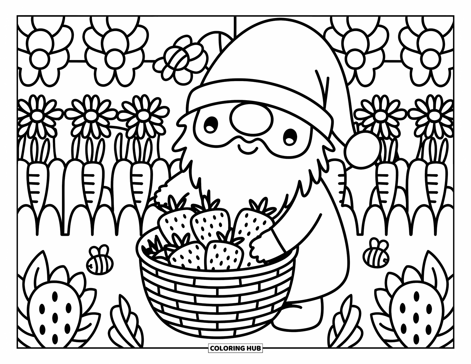 Gnome Coloring Page for Adults: A gnome filling a basket with vegetables surrounded by sunflowers and bees