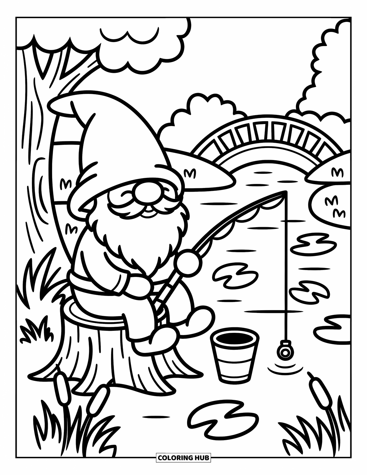 Gnome Coloring Page for Adults: A gnome fishing by a peaceful stream with lily pads and cattails