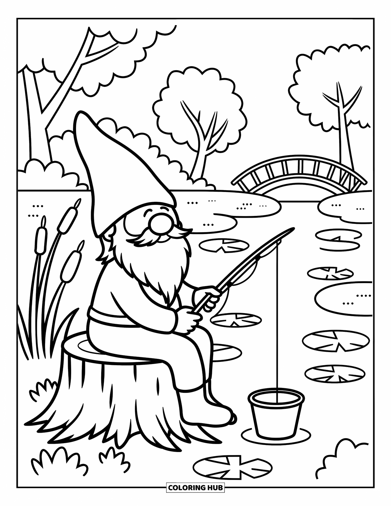 Gnome Coloring Page for Adults: A gnome fishing by a stream with lily pads and a quaint bridge