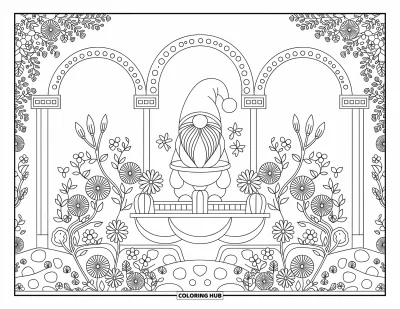 Nissetegning til voksne: En nissehave med en fontæne, buer og detaljerede blomstermotiver