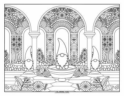 Nissetegning til voksne: En nissehave med en fontæne og buer prydet med detaljerede blomsterdesigns