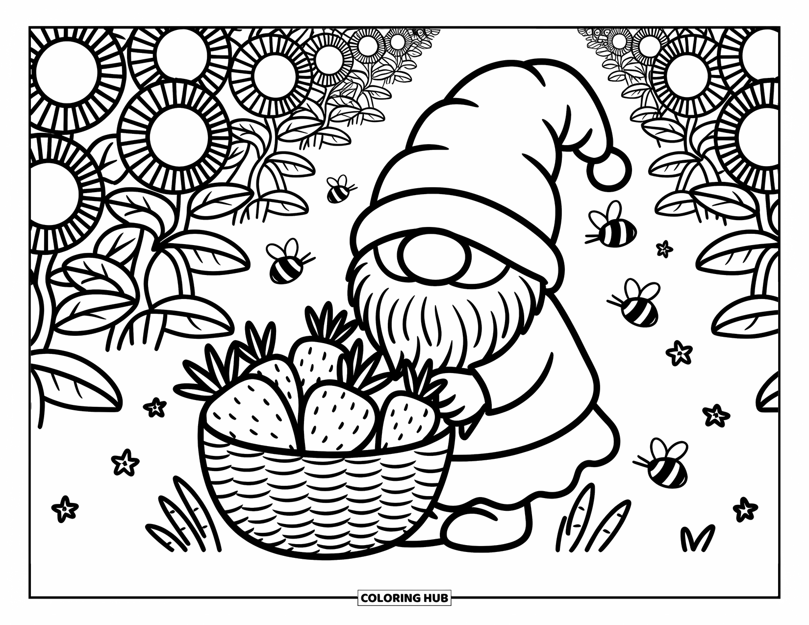 Gnome Coloring Page for Adults: A gnome gathering strawberries and carrots in a garden with sunflowers