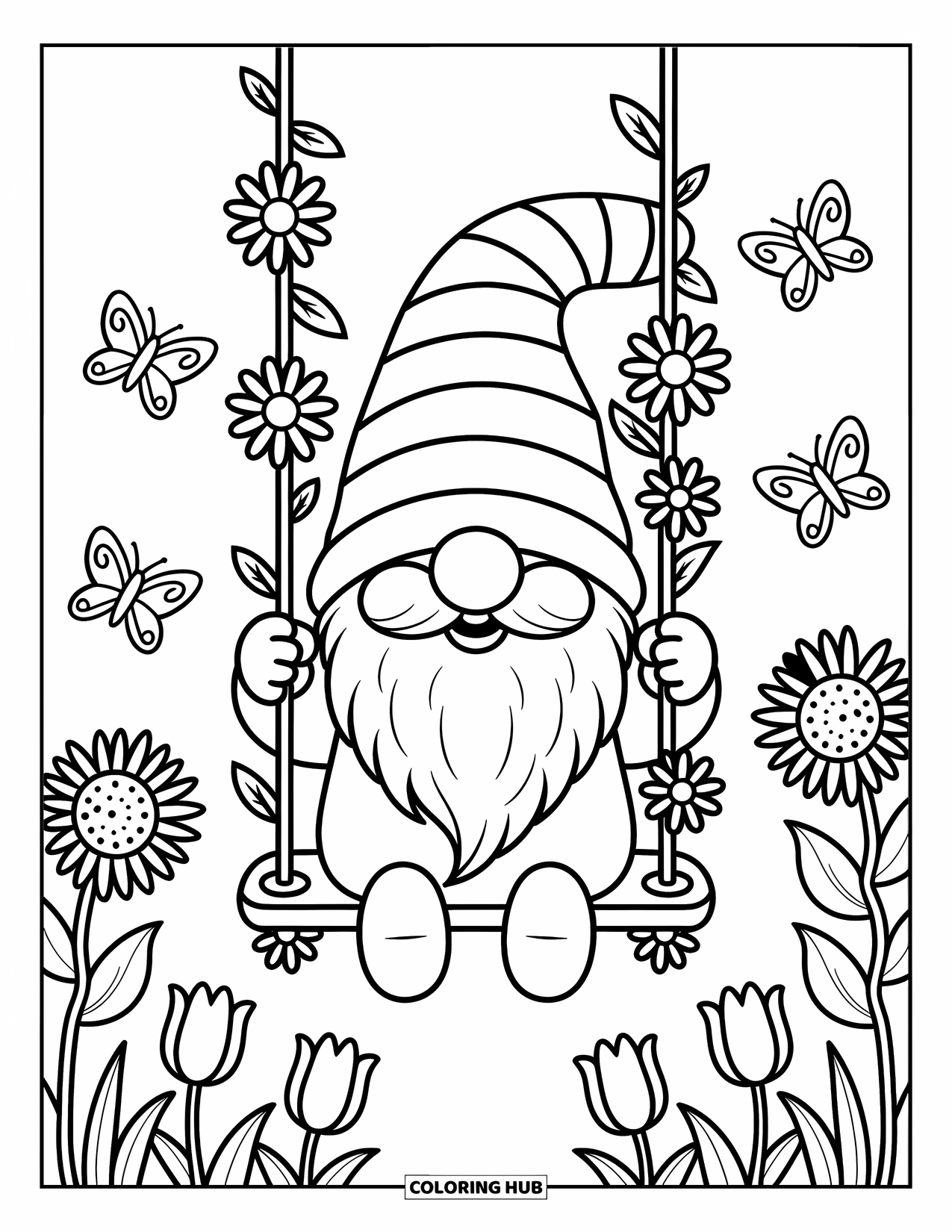 Gnome Coloring Page for Adults: A gnome happily swinging with daisies and butterflies nearby